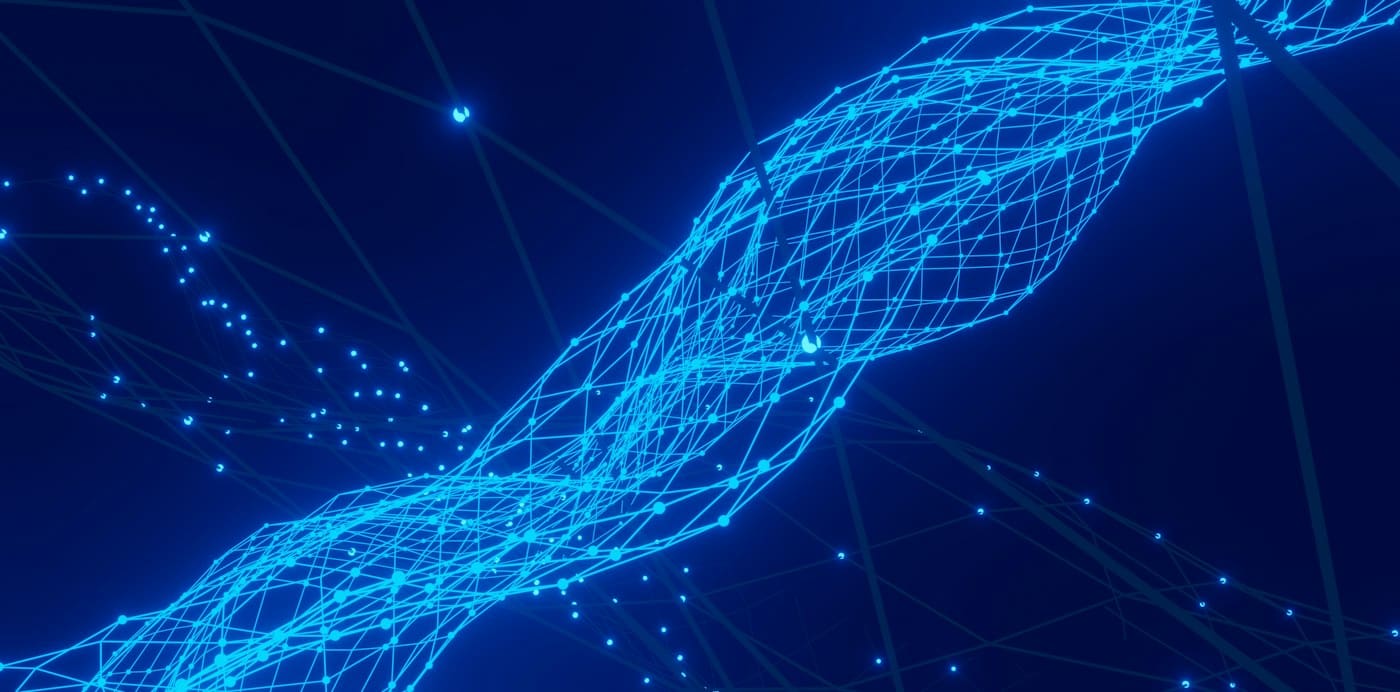 Abstract network of connected nodes and lines representing the blockchain infrastructure powering be1crypto.com