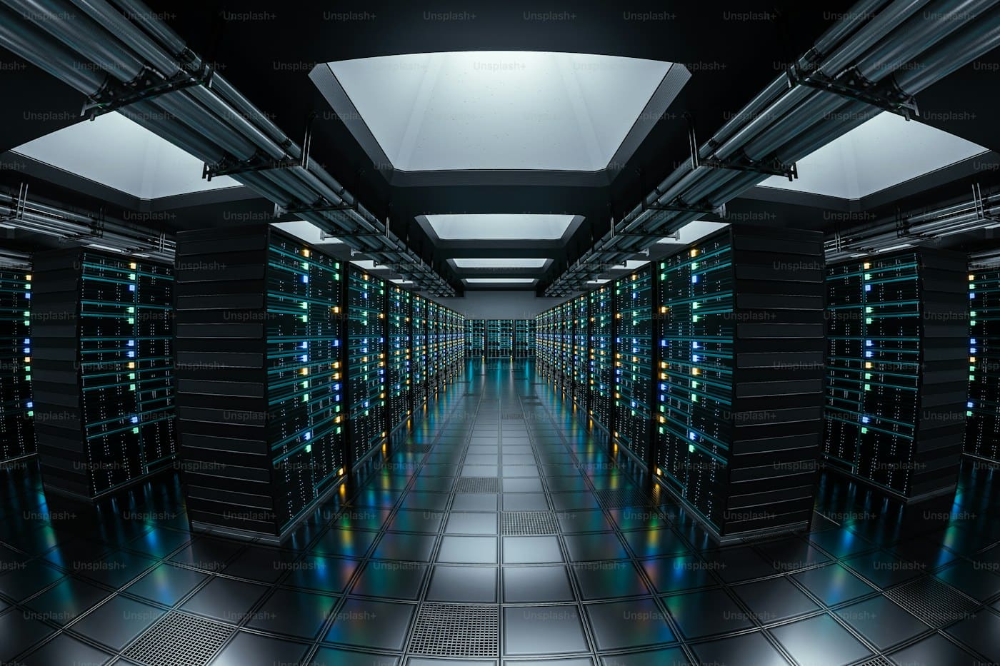 Rows of server racks in a data center supporting be1crypto.com infrastructure security